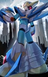 Rule 34 | 1boy, android, arm cannon, armor, blurry, blurry background, building, cang she, cloud, falcon armor x (mega man), forehead jewel, from behind, full body, glint, green eyes, helmet, highres, male focus, mechanical wings, mega man (series), mega man x (series), outdoors, skyscraper, solo, weapon, white armor, white helmet, wings, x (mega man), x buster