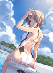 Rule 34 | 1girl, ass, back, backless swimsuit, blue sky, blurry, blurry background, brown eyes, closed mouth, cloud, cloudy sky, competition swimsuit, crotch seam, day, depth of field, diving block, from behind, hand in own hair, kiryuu takahisa, light brown hair, looking at viewer, looking back, one-piece swimsuit, original, outdoors, pool, short hair, sitting, sky, smile, solo, swimsuit, white one-piece swimsuit