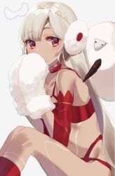 Rule 34 | 1girl, altera (fate), altera the santa (fate), bad id, bad pixiv id, blush, collarbone, dark-skinned female, dark skin, detached sleeves, fate/grand order, fate (series), grey background, misumi (macaroni), mittens, on ground, red eyes, sheep, simple background, sitting, solo, tan, white mittens