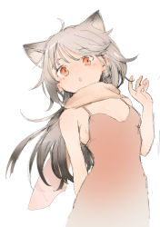 Rule 34 | 1girl, absurdres, ahoge, animal ears, bare arms, bare shoulders, blush, breasts, brown dress, brown eyes, brown scarf, commentary request, dress, grey hair, hand up, highres, long hair, looking at viewer, original, parted lips, scarf, sha2mo, simple background, sleeveless, sleeveless dress, small breasts, solo, very long hair, white background
