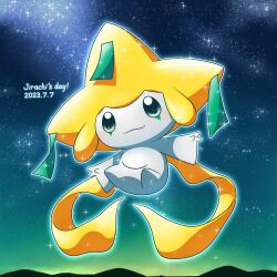 Rule 34 | character name, closed mouth, commentary request, creatures (company), dated, full body, game freak, gen 3 pokemon, glowing, green eyes, highres, jirachi, legendary pokemon, mythical pokemon, night, nintendo, no humans, outdoors, outline, pokemon, pokemon (creature), ratemich, sky, smile, solo, sparkle, star (sky)