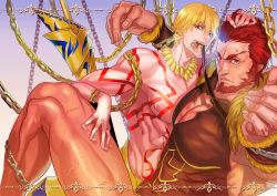 Rule 34 | 2boys, armor, bad id, bad pixiv id, bare shoulders, beard, belt, blonde hair, chain, dark-skinned male, dark skin, detached sleeves, ea (fate/stay night), earrings, enkidu (weapon) (fate), facial hair, fate/zero, fate (series), fingernails, foreshortening, gge (gebback dark), gilgamesh (fate), gradient background, hair between eyes, hand on head, hand on thigh, iskandar (fate), jewelry, legs, looking at viewer, male focus, mouth hold, multiple boys, muscular, necklace, nipples, parted lips, polearm, red eyes, red hair, scar, short hair, spear, spoilers, sweat, tattoo, teeth, thighs, topless male, wallpaper, weapon