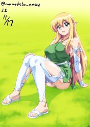 Rule 34 | 1girl, blonde hair, blue eyes, dated, detached sleeves, dress, elf, feet, grass, green dress, knees up, long hair, looking at viewer, nafta, pointy ears, sandals, signature, sitting, solo, thighhighs, tiffania westwood, toes, very long hair, white thighhighs, zero no tsukaima