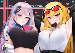 Rule 34 | 2girls, absurdres, armpits, blonde hair, blue eyes, blue hair, braid, breasts, candy, chocolate, chocolate heart, colored inner hair, crop top, ear piercing, eyewear on head, food, french braid, grey hair, hair ornament, hairclip, happy valentine, heart, heart-shaped pupils, highres, hololive, hololive indonesia, jacket, jacket partially removed, kaela kovalskia, landacdeus, large breasts, long hair, looking at viewer, midriff, mouth hold, multicolored hair, multiple girls, navel, pavolia reine, pavolia reine (streetwear), piercing, red eyes, smile, sunglasses, symbol-shaped pupils, upper body, valentine, virtual youtuber
