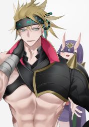 Rule 34 | 1boy, 1girl, :3, abs, bandaged hand, bandages, bare pectorals, behind another, black gloves, blonde hair, blue eyes, blush, bob cut, chest harness, collar, exposed muscle, fate/grand order, fate (series), fingerless gloves, gloves, hand on own neck, harness, headband, headpiece, high collar, horns, igote, japanese clothes, kimono, lightning bolt print, long sleeves, muscular, muscular male, official alternate costume, oni, open mouth, outstretched arm, pectorals, print headwear, purple eyes, purple hair, purple kimono, red collar, sakata kintoki (fate), sakata kintoki (heian warrior attire) (fate), san (harutuki 3), short eyebrows, short hair, shoulder spikes, shuten douji (fate), simple background, single bare shoulder, skin-covered horns, smile, spiked hair, spikes, white background