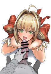 Rule 34 | 1boy, 1girl, ahoge, blonde hair, blush, braid, breast hold, breasts, breasts out, cleavage, clothes pull, dress, dress pull, epaulettes, erection, fate/extra, fate (series), fellatio, french braid, green eyes, hair bun, hair intakes, hair ribbon, hetero, juliet sleeves, kneeling, large breasts, long hair, long sleeves, looking at viewer, looking up, nero claudius (fate), nero claudius (fate) (all), nero claudius (fate/extra), open mouth, oral, penis, pov, puffy sleeves, red dress, red ribbon, ribbon, single hair bun, smile, tongue, tongue out, ysmmzr