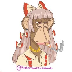 Rule 34 | 1girl, bittersweetwomb, bored ape nft, bow, cigarette, collared shirt, commentary, cosplay, cropped torso, ear piercing, english commentary, fujiwara no mokou, fujiwara no mokou (cosplay), hair bow, light purple hair, looking away, meme, monkey, no humans, piercing, pixel art, shirt, simple background, smoke, smoking, solo, suspenders, touhou, twitter username, upper body, white background