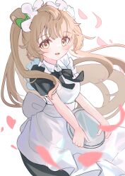Rule 34 | 1girl, birthday, brown hair, highres, long hair, looking at viewer, love live!, maid, minami kotori, open mouth, short sleeves, simple background, smile, solo, yu lian hane
