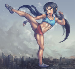 Rule 34 | 1girl, abs, breasts, building, buruma, city, cloud, fingerless gloves, full body, giant, giantess, gloves, idolmaster, idolmaster cinderella girls, kicking, long hair, midriff, muscular, muscular female, nakano yuka, navel, open mouth, shoes, sky, skyscraper, small breasts, sneakers, solo, sports bra, sweat, twintails, yilx