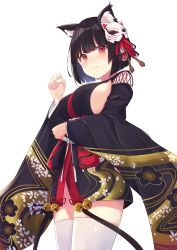 Rule 34 | 1girl, animal ear fluff, animal ears, azur lane, bell, black hair, black kimono, blush, breasts, cat ears, closed mouth, commentary, cowboy shot, floral print, furrowed brow, hand up, japanese clothes, jingle bell, keimaron, kimono, large breasts, long sleeves, looking at viewer, mask, mask on head, red eyes, short kimono, sideboob, simple background, solo, standing, thighhighs, white background, white thighhighs, wide sleeves, yamashiro (azur lane)