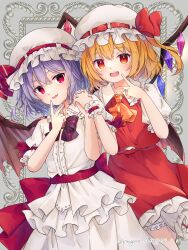 Rule 34 | 2girls, absurdres, ascot, bat wings, black bow, blonde hair, bloomers, blue hair, bow, crystal wings, flandre scarlet, flat chest, frilled wrist cuffs, frills, hat, highres, hiragana sherry, holding hands, light blush, looking at viewer, mob cap, multiple girls, open mouth, red bow, red eyes, red shirt, red skirt, remilia scarlet, shirt, short hair, short sleeves, skirt, smile, teeth, touhou, underwear, upper teeth only, v, white headwear, white shirt, white skirt, wings, wrist cuffs, yellow ascot