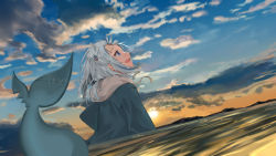 Rule 34 | 1girl, absurdres, blue eyes, blue hair, blue hoodie, blue sky, cloud, cloudy sky, commentary, dawn, day, dutch angle, english commentary, fins, fish tail, from side, gawr gura, hair ornament, highres, hololive, hololive english, hood, hoodie, looking up, mashiro chun, medium hair, multicolored hair, ocean, open mouth, outdoors, profile, scenery, shark hair ornament, shark tail, sharp teeth, short twintails, silver hair, sky, smile, solo, stitches, streaked hair, tail, teeth, twintails, two-tone hair, two side up, upper body, virtual youtuber, wading