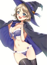 Rule 34 | 1girl, :d, absurdres, black thighhighs, blue eyes, blush, bra, breasts, brown hair, cape, cleavage, cowboy shot, frilled bra, frilled panties, frills, hat, hat ornament, highres, jack-o&#039;-lantern, love live!, love live! school idol festival, love live! sunshine!!, medium breasts, open mouth, panties, purple bra, purple panties, sankuro (agoitei), scan, short hair, simple background, smile, solo, stomach, thigh gap, thighhighs, underwear, underwear only, v-shaped eyebrows, watanabe you, white background, witch hat