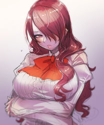 Rule 34 | 1girl, absurdres, bakuya, blush, bow, breast hold, breasts, flying sweatdrops, hair over one eye, highres, kirijou mitsuru, large breasts, lips, long hair, looking away, parted lips, persona, persona 3, pink eyes, red bow, red hair, sketch, solo, upper body
