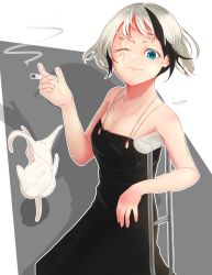 Rule 34 | 1girl, amputee, bikko, black dress, cat, cigarette, cigarette butt, crutch, dress, highres, holding, holding cigarette, keloids, ksd online, looking at viewer, multicolored hair, one-eyed, scar, scar across eye, scar on face, shadow, simple background, smile, smoke, smoking, solo, standing, two-tone hair, underarm crutch, upper body, watermark, white background, white cat
