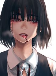 Rule 34 | 1girl, black eyes, black hair, black vest, blood, blood on face, blurry, blurry background, collared shirt, depth of field, glitter, highres, hoshi san 3, looking at viewer, medium hair, mole, mole under eye, open mouth, original, shirt, simple background, solo, tongue, tongue out, upper body, vest, white background, white shirt, wing collar