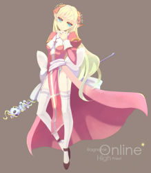 Rule 34 | 1girl, black footwear, blonde hair, blue eyes, blue panties, bow, breasts, brown background, character name, closed mouth, commentary request, copyright name, cross, cross necklace, dress, flower, full body, garter straps, hair flower, hair ornament, high heels, high priest (ragnarok online), holding, holding staff, jewelry, juliet sleeves, long hair, long sleeves, looking at viewer, medium breasts, necklace, orange flower, panties, panty peek, pointy ears, puffy sleeves, q qree, ragnarok online, red dress, sash, simple background, skull, smile, solo, staff, striped clothes, striped panties, thighhighs, two-tone dress, underwear, white bow, white dress, white sash, white thighhighs