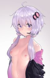 Rule 34 | 1girl, ahoge, bare shoulders, black jacket, blush, breasts, commentary request, eyes visible through hair, gradient background, grey background, hair between eyes, hair ornament, headset, jacket, long hair, looking at viewer, low twintails, navel, nipples, off shoulder, open clothes, open jacket, purple eyes, sawayaka samehada, shiny skin, short hair with long locks, small breasts, smile, solo, stomach, twintails, upper body, voiceroid, white background, yuzuki yukari