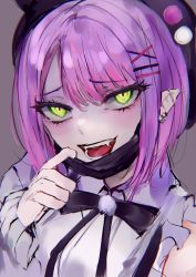 Rule 34 | 1girl, :d, absurdres, black hat, black ribbon, blush, collared shirt, ear piercing, earrings, fang, fangs, green eyes, grin, hair ornament, hairclip, hand up, hat, highres, hololive, jewelry, long sleeves, looking at viewer, mile (off8mile), neck ribbon, open mouth, piercing, pointy ears, purple hair, ribbon, shirt, smile, solo, tokoyami towa, upper body, virtual youtuber, white shirt, wing collar, x hair ornament