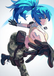 Rule 34 | 1girl, armlet, bare shoulders, belt, blue eyes, blue hair, boots, camouflage, camouflage pants, commentary request, dog tags, earrings, gloves, highres, jewelry, leona heidern, pants, ponytail, pouch, simple background, slashing, sleeveless, snk, solo, tank top, the king of fighters, the king of fighters xiv, the king of fighters xv, white background, yagi2013, yellow tank top