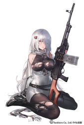Rule 34 | 1girl, ammunition, ammunition belt, bare shoulders, bear hair ornament, belt, between breasts, black footwear, blazer, blush, boots, breast press, breasts, covered erect nipples, dress, eyebrows, full body, girls&#039; frontline, gun, hair between eyes, hair ornament, hair over one eye, high heel boots, high heels, holding, holding gun, holding weapon, impossible clothes, jacket, kishiyo, large breasts, leotard, long hair, looking at viewer, machine gun, magazine (weapon), necktie, necktie between breasts, no bra, nose, official art, pantyhose, parted lips, pk (girls&#039; frontline), pk machine gun, pleated dress, red eyes, scarf, short dress, simple background, sitting, solo, strap, thigh boots, thighhighs, torn boots, torn clothes, torn legwear, very long hair, weapon, white background, white hair, white scarf
