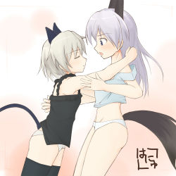 Rule 34 | 00s, 2girls, alternate hair color, animal ears, blush, bottomless, closed eyes, couple, eila ilmatar juutilainen, grey hair, hanyu, hug, imminent kiss, lingerie, multiple girls, no pants, off shoulder, purple hair, sanya v. litvyak, signature, simple background, strap slip, strike witches, surprised, tail, thighhighs, underwear, world witches series, yuri