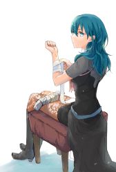 Rule 34 | 1girl, bandaged leg, bandages, black footwear, black shorts, blouse, blue eyes, blue hair, boots, brown pantyhose, byleth (female) (fire emblem), byleth (fire emblem), closed mouth, fire emblem, fire emblem: three houses, from behind, grey shirt, hair between eyes, knee boots, pantyhose under shorts, long hair, nintendo, pantyhose, robaco, shirt, short shorts, short sleeves, shorts, simple background, sitting, sketch, solo, straight hair, twitter username, waist cape, white background