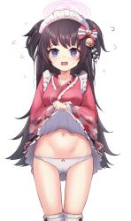 Rule 34 | 1girl, @ @, apron, black hair, black skirt, blue archive, blue eyes, blush, bow, bow panties, breasts, commentary request, flying sweatdrops, frilled skirt, frilled thighhighs, frills, gluteal fold, groin, halo, highres, japanese clothes, kimono, lifted by self, long hair, looking at viewer, maid, maid headdress, medium breasts, navel, open mouth, over-kneehighs, panties, pink kimono, rumiya9i, shizuko (blue archive), simple background, skirt, solo, standing, sweat, thigh gap, thighhighs, two side up, underwear, very long hair, wa maid, wavy mouth, white apron, white background, white panties