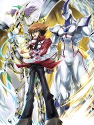 Rule 34 | 1boy, 3boys, absurdres, ari (amway), bad id, bad pixiv id, brown eyes, brown hair, card, duel disk, duel monster, elemental hero neos, gold trim, highres, holding, holding card, male focus, monster, multiple boys, open mouth, osiris red uniform, pile of cards, playing card, rainbow neos, school uniform, skinny, wings, yu-gi-oh!, yu-gi-oh! gx, yu-gi-oh (card), yuki judai