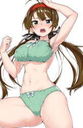 Rule 34 | 10s, 1girl, :o, arm up, armpits, blue eyes, blunt bangs, blush, bow, bow bra, bow panties, bra, breasts, brown hair, cameltoe, covered erect nipples, cowboy shot, female focus, green bra, green eyes, green panties, hair ribbon, hairband, heterochromia, hip focus, large breasts, long hair, looking at viewer, low twintails, navel, neo-masterpeacer, open mouth, panties, ribbon, ryoubi (senran kagura), senran kagura, senran kagura shinovi versus, solo, spread legs, strap slip, sweat, tears, twintails, underboob, underwear, underwear only, very long hair