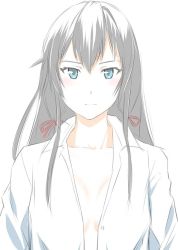 Rule 34 | 1girl, blouse, breasts, character request, closed mouth, collared shirt, long hair, looking at viewer, open clothes, open shirt, shirt, simple background, solo, ueyama michirou, white background, white shirt