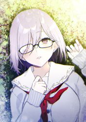 Rule 34 | 1girl, black-framed eyewear, cardigan, day, fate/grand order, fate (series), grass, hair over one eye, hands up, highres, kayahara, lips, looking at viewer, mash kyrielight, outdoors, parted lips, purple eyes, purple hair, school uniform, serafuku, short hair, sleeves past wrists, solo, upper body