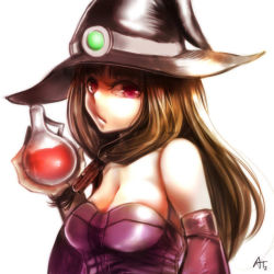 Rule 34 | 1girl, at2., bare shoulders, blunt bangs, breasts, brown hair, cleavage, closed mouth, detached sleeves, expressionless, hat, large breasts, long hair, looking at viewer, minecraft, potion, purple eyes, solo, witch, witch (minecraft), witch hat