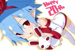Rule 34 | 1girl, absurdres, bare shoulders, blue hair, blush, bow, detached sleeves, disgaea, hair bow, highres, iwashi dorobou -r-, leaning forward, looking at viewer, open mouth, pleinair, pointy ears, red eyes, short hair, solo, thighhighs, white thighhighs
