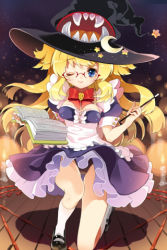 Rule 34 | 1girl, blonde hair, blue eyes, book, bow, breasts, candle, cherrypin, dress, frills, glasses, hat, long hair, lowres, mary janes, one eye closed, panties, pantyshot, ribbon, shoes, small breasts, smile, socks, solo, star (symbol), sword girls, underwear, wand, wink, witch, witch hat