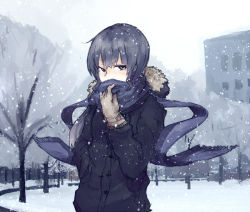 Rule 34 | 1girl, akiyama mio, bad id, bad pixiv id, black hair, coat, covering face, covering own mouth, covering privates, gloves, hand in pocket, jacket, k-on!, long hair, scarf, scarf over mouth, snow, snowing, solo, taxi (owp), winter, winter clothes, winter coat