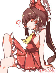 Rule 34 | 1girl, ?, areola slip, ascot, bare shoulders, blush, bow, breasts, brown hair, dated, frilled bow, frilled skirt, frills, gokuu (acoloredpencil), hair bow, hair tubes, hakurei reimu, long hair, medium breasts, no bra, open mouth, orange eyes, pleated skirt, ponytail, red bow, red skirt, sideboob, sideways mouth, simple background, sitting, skirt, solo, sweat, touhou, white background, yellow ascot