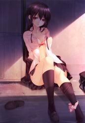 Rule 34 | 1girl, arms behind back, bad id, bad pixiv id, bag, black hair, black socks, blush, bow, bow bra, bra, breasts, brown eyes, cleavage, dress shirt, highres, kneehighs, light, loafers, long hair, looking at viewer, open clothes, open mouth, open shirt, original, panties, panties around leg, parted lips, pink bra, pink panties, pleated skirt, rain, school bag, shade, shirt, shoes, unworn shoes, shokuyou mogura, single shoe, sitting, skirt, socks, solo, underwear, wet, wet clothes, wide hips