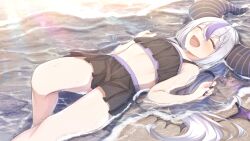 Rule 34 | 1girl, absurdres, ahoge, black horns, black nails, braid, braided bangs, breasts, ch13, closed eyes, highres, hololive, horns, la+ darknesss, lying, lying on water, multicolored hair, nail polish, on back, open mouth, pointy ears, purple hair, small breasts, solo, streaked hair, striped horns, swimsuit, virtual youtuber, water