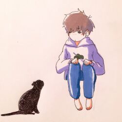 Rule 34 | 1boy, barefoot, black cat, blue pants, brown hair, cat, closed mouth, commentary, full body, hood, hood down, hoodie, long sleeves, looking at animal, looking to the side, male focus, matsuno ichimatsu, messy hair, osomatsu-san, osomatsu (series), pants, purple hoodie, short hair, simple background, sitting, solo, tokunaga aoi, traditional media, white background
