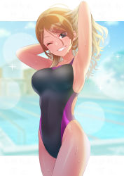 Rule 34 | 1girl, ;d, armpits, arms up, blurry, blurry background, breasts, brown hair, competition swimsuit, covered navel, grin, highres, idolmaster, idolmaster shiny colors, izumi mei, large breasts, lens flare, looking at viewer, one-piece swimsuit, one eye closed, open mouth, pool, rio (usagiya), simple background, smile, solo, sparkle, swimsuit, wet, wet hair