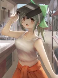 Rule 34 | 1girl, blurry, bow, brown eyes, depth of field, green bow, grey hair, hair bow, highres, honmakaina kudou, jumpsuit, jumpsuit around waist, kantai collection, long hair, mask, mask on head, midriff, navel, ponytail, smile, solo, tank top, upper body, welding mask, yuubari (kancolle)