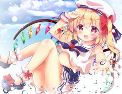 Rule 34 | 1girl, :d, ankle cuffs, arm up, bare shoulders, beret, black footwear, blue bow, blue sky, blush, bow, braid, cloud, cloudy sky, commentary request, crystal, day, flandre scarlet, hair between eyes, hair bow, hat, long hair, mary janes, one side up, open mouth, outdoors, outstretched arm, pleated skirt, red bow, red eyes, rikatan, school uniform, serafuku, shirt, shoes, skirt, sky, sleeveless, sleeveless shirt, smile, solo, touhou, white hat, white shirt, white skirt, wings, wrist cuffs
