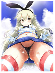 Rule 34 | 10s, 1girl, anchor hair ornament, black panties, blonde hair, blue sky, brown eyes, cloud, cloudy sky, day, elbow gloves, from below, gloves, gluteal fold, hair ornament, hairband, highleg, highleg panties, kantai collection, long hair, looking at viewer, microskirt, midriff, navel, panties, panty pull, school uniform, serafuku, shimakaze (kancolle), skirt, sky, solo, striped clothes, striped thighhighs, thighhighs, tirotata, underwear, very long hair, white gloves