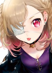 Rule 34 | 1girl, bandages, blonde hair, braid, breasts, cleavage, collar, earrings, eyepatch, jewelry, medical eyepatch, mole, mole under eye, mole under mouth, original, red eyes, solo, tongue, tongue out, twin braids, yanyo (ogino atsuki)