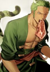 Rule 34 | 1boy, abs, animal ears, bara, bare pectorals, dark-skinned male, dark skin, fang, feet out of frame, food in mouth, frown, green hair, green kimono, hd189733b, highres, japanese clothes, kimono, large pectorals, long sideburns, looking down, male focus, muscular, muscular male, one piece, pectorals, raw meat, roronoa zoro, scar, scar across eye, short hair, sideburns, sliced meat, solo, tail, tail raised, tiger boy, tiger ears, tiger tail, veiny face