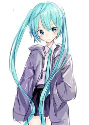 Rule 34 | 1girl, absurdres, alternate costume, aqua eyes, aqua hair, aqua necktie, blush, commentary, cowboy shot, doodle, expressionless, hand in pocket, hatsune miku, highres, hood, hooded jacket, jacket, light blush, long hair, looking down, mokyumokyu3939, necktie, shirt, simple background, sketch, skirt, sleeves past fingers, sleeves past wrists, solo, standing, twintails, very long hair, vocaloid, white background, white shirt