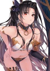 Rule 34 | 1girl, absurdres, armlet, bare shoulders, bent over, bikini, black bikini, black bow, black hair, bow, breasts, cleavage, closed mouth, collar, commentary, cowboy shot, detached sleeves, earrings, fate/grand order, fate (series), glint, hair bow, hand on own hip, heavenly boat maanna, highres, hoop earrings, ishtar (fate), jewelry, long hair, looking at viewer, medium breasts, mismatched bikini, navel, parted bangs, simple background, single detached sleeve, single thighhigh, solo, strapless, strapless bikini, swimsuit, thighhighs, to gemichi, two side up, very long hair, white background, white bikini