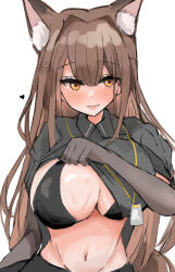 Rule 34 | 1girl, animal ears, arknights, black bra, blush, bra, breasts, brown hair, cleavage, clothes lift, collared shirt, elbow gloves, extra ears, fox ears, fox girl, franka (arknights), gloves, grey gloves, grey shirt, groin, hair between eyes, heart, highres, id card, lanyard, large breasts, lifting own clothes, long hair, navel, shirt, shirt lift, simple background, solo, sunaneko, underwear, upper body, very long hair, white background, yellow eyes