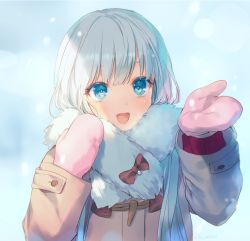 Rule 34 | 1girl, :d, beige coat, blue background, blue eyes, blue scarf, bow, coat, commentary request, duffel coat, enpera, fur scarf, kikugetsu, long hair, looking at viewer, mittens, open mouth, original, pink mittens, red bow, red sweater, scarf, silver hair, smile, snowing, solo, sweater, upper body